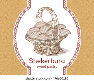 Azerbaijan national pastry - shekerbura with hazelnut. Baked during the spring holiday Novruz. Vector illustration of a wicker basket with shekerbura for design, menu, cafe billboard. Hand drawn svg
