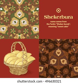 
Azerbaijan national pastry - shekerbura with hazelnut. Baked during the spring holiday Novruz. Vector illustration of a wicker basket with shekerbura for design, menu, cafe billboard. Sweet cake svg
