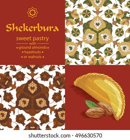 Azerbaijan national pastry - shekerbura with hazelnut. Baked during the spring holiday Novruz. Vector illustration with pattern for design, menu, cafe billboard. Sweet cake