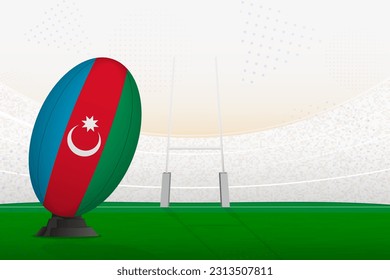 Selección nacional de Azerbaiyán de rugby en estadio de rugby y en puestos de gol, preparándose para un penal o patada libre. Ilustración vectorial.