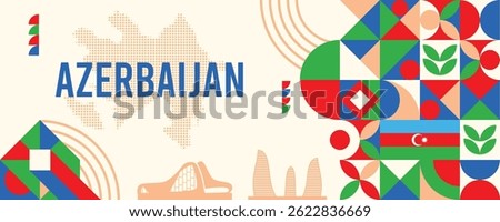 Azerbaijan national vector banner featuring the flag, dotted map, landmarks, and geometric pattern design