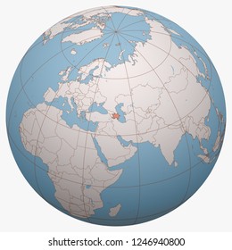 Azerbaijan on the globe. Earth hemisphere centered at the location of the Republic of Azerbaijan. Azerbaijan map.