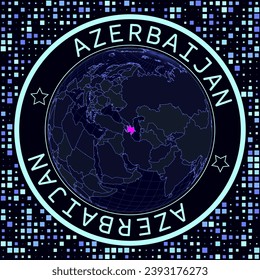 Azerbaijan on globe vector. Futuristic satellite view of the world centered to Azerbaijan. Geographical illustration with shape of country and squares background. Bright neon colors on dark background.