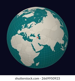 Azerbaijan on the map. Globe centered to Azerbaijan. Country location on the world map. Teal Pale Mint color palette. Globe with countries, meridians and parallels. Artistic vector illustration.