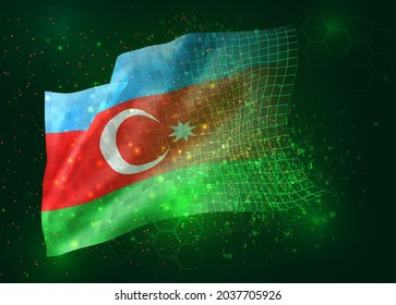 Azerbaijan, on vector 3d flag on green background with polygons and data numbers