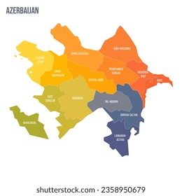 Azerbaijan political map of administrative divisions - districts, cities and autonomous republic of Nakhchivan. Colorful spectrum political map with labels and country name.