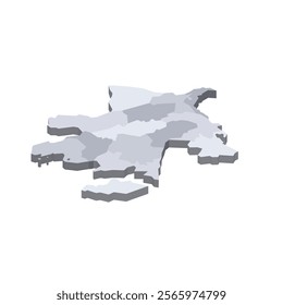 Azerbaijan political map of administrative divisions - districts, cities and autonomous republic of Nakhchivan. 3D isometric blank vector map in shades of grey.