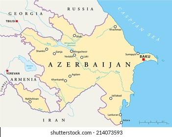 Azerbaijan Political Map with capital Baku, national borders, most important cities, rivers and lakes. English labeling and scaling. Illustration. svg