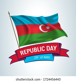 Azerbaijan republic day greeting card, banner, square vector illustration. Azerbaijani holiday 28th of May design element with mockup of waving flag as a national symbol