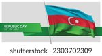 Azerbaijan republic day vector banner, greeting card. Azerbaijani wavy flag in 28th of May national patriotic holiday horizontal design with realistic badge