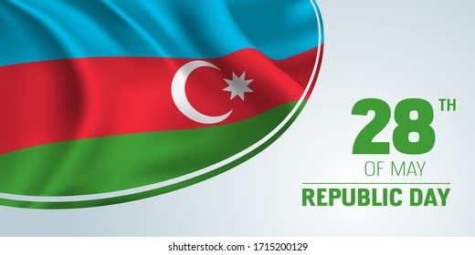 Azerbaijan republic day vector banner, greeting card. Azerbaijani wavy flag and sign with date in 28th of May national patriotic holiday horizontal design