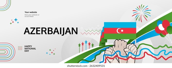 Banner da saudação do Dia da Restauração da Independência do Azerbaijão. 18 de outubro - Feliz Dia Nacional. Fundo horizontal festivo em cores de bandeira, ótimo para cartaz de carnaval, campanha de turismo, venda de flash de férias