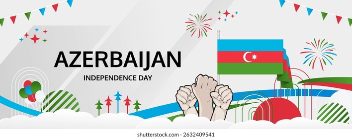 Azerbaijan Restoration of Independence Day greeting banner. 18 October Happy National Day. Festive horizontal background in flag colors, great for carnival poster, tourism campaign, holiday flash sale
