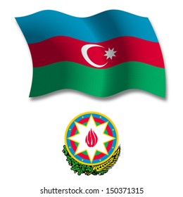 azerbaijan shadowed textured wavy flag and coat of arms against white background, vector art illustration, image contains transparency transparency