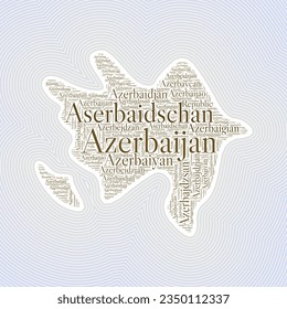 Azerbaijan shape formed by country name in multiple languages. Azerbaijan border on stylish striped gradient background. Vibrant poster. Modern vector illustration.