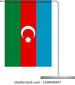 Azerbaijan table flag. Metal flagpole. National flag of Azerbaijan vector illustration