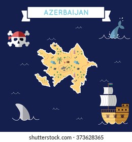 Azerbaijan treasure map in flat design. Colorful cartoon treasure map of Azerbaijan with flat design icons of pirate ship and jolly roger. Azerbaijan flat design vector illustration.