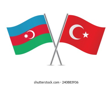 Azerbaijan and Turkey crossed flags. Azerbaijani and Turkish flags isolated on white background. Vector icon set. Vector illustration.