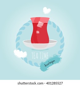 Azerbaijan, Turkey Tea Cup Armudi Stakan with sugar vector illustration.Tea glasses on blue sky cloud background. East national culture. Logo icon. Flat design greeting card template.
