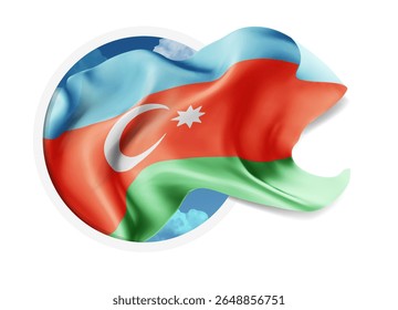 Azerbaijan, vector 3d flag against a blue sky, through a round hole on a white background