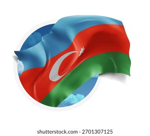 Azerbaijão, vetor 3d bandeira contra um céu azul, através de um buraco redondo em um fundo branco