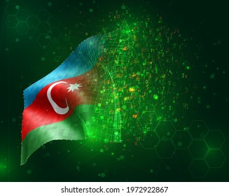 Azerbaijan, vector 3d flag on green background with polygons and data numbers