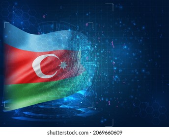 Azerbaijan, vector 3d flag on blue background with hud interfaces