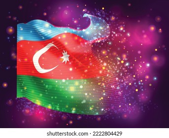 Azerbaiyán, bandera vectorial 3d sobre fondo rosa morado con iluminación y bengalas