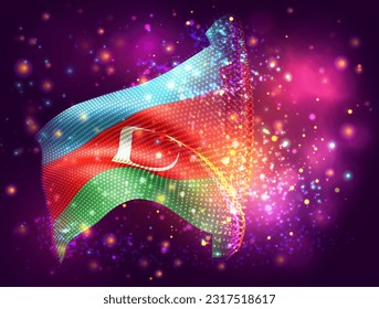 Azerbaijan, vector 3d flag on pink purple background with lighting and flares