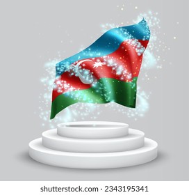Azerbaijan, vector 3d flag on the podium surrounded by a whirlwind of magical radiance