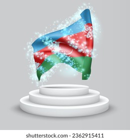 Azerbaijan, vector 3d flag on the podium surrounded by a whirlwind of magical radiance