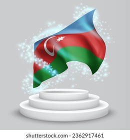 Azerbaijan, vector 3d flag on the podium surrounded by a whirlwind of magical radiance