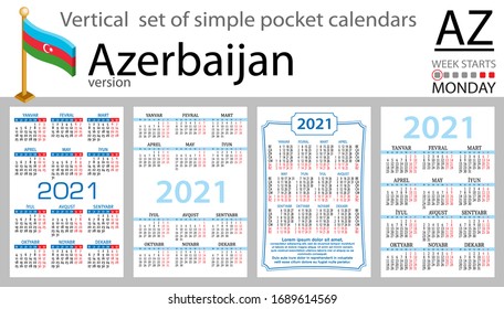 Azerbaijan vertical set of pocket calendars for 2021 (two thousand twenty one). Week starts Monday. New year. Color simple design. Vector