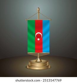Bandera de mesa de Vertical de Azerbaiyán con poste dorado de Albania sobre fondo degradado oscuro, Ilustración vectorial de Anuncio de Plantilla