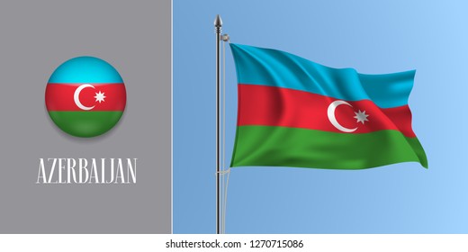 Azerbaijan waving flag on flagpole and round icon vector illustration. Realistic 3d mockup of moon and star of Azerbaijani flag and circle button 