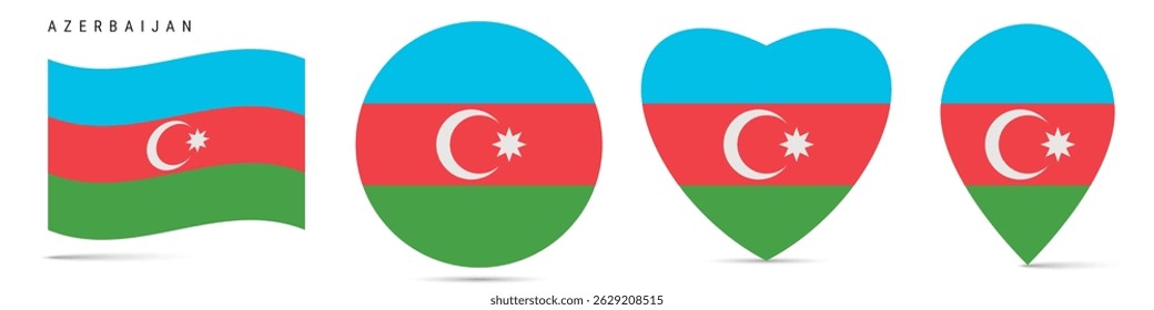 Azerbaijan waving flag, round circle sticker badge, heart shaped icon, map pin. Azerbaijani flag buttons of different shapes. Vector illustration isolated on white.