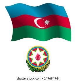 azerbaijan wavy flag and coat of arms against white background, vector art illustration, image contains transparency