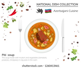 Azerbaijani Cuisine. Caucasian national dish collection. Piti soup isolated on white, infograpic. Vector illustration