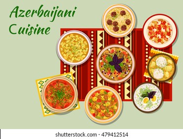 Azerbaijani cuisine icon with grilled vegetables salad, dumpling soup, fish ball kofta, lamb vegetable stew, meatball bean soup, chicken cornel stew, lamb with pomegranate sauce, cold yogurt soup svg