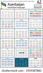 Azerbaijani horizontal Big set of pocket calendars for 2022 (two thousand twenty two). Week starts Monday. New year. Color simple design. Vector