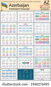 Azerbaijani horizontal Big set of pocket calendars for 2022 (two thousand twenty two). Week starts Sunday. New year. Color simple design. Vector