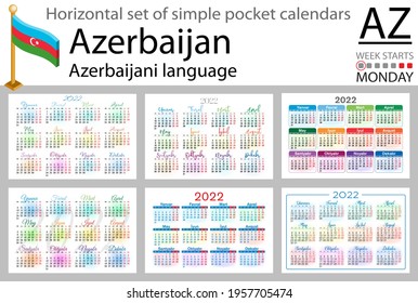 Azerbaijani horizontal set of pocket calendars for 2022 (two thousand twenty two). Week starts Monday. New year. Color simple design. Vector