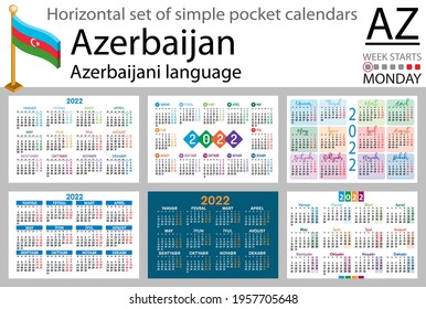 Azerbaijani horizontal set of pocket calendars for 2022 (two thousand twenty two). Week starts Monday. New year. Color simple design. Vector