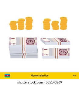 Azerbaijani manat banknote and coins. Azerbaijani manat banknote vector illustration.