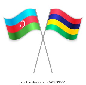 Azerbaijani and Mauritian crossed flags. Azerbaijan combined with Mauritius isolated on white. Language learning, international business or travel concept.
