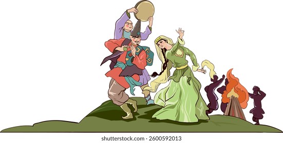 Azerbaijani national holiday Novruz. Novruz holiday characters Kechel, Kosa, Spring girl and people playing around a campfire. A group that plays music and dancing. 