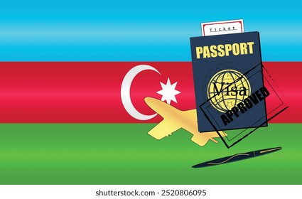 Azerbaijani Travel Documentation Concept with blue Passport and Azerbaijan Flag. Approved Stamp. Airplane and Travel Tickets. Ideal for Immigration Tourism and Traveling Themes. Vector EPS available