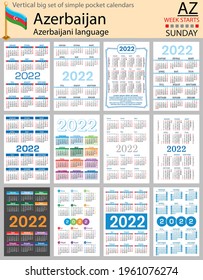 Azerbaijani vertical Big set of pocket calendars for 2022 (two thousand twenty two). Week starts Sunday. New year. Color simple design. Vector