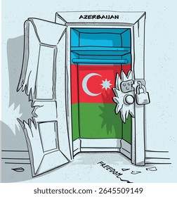 O caminho do Azerbaijão para a liberdade. Ilustração política de uma porta quebrada, mas trancada, com a bandeira nacional. Uma metáfora para luta e esperança.