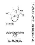 Azidothymidine (AZT), chemical formula and skeletal structure. Also Zidovudine (ZDV), an antiretroviral medication. It was the first treatment for HIV, approved in the US in 1987. Illustration. Vector